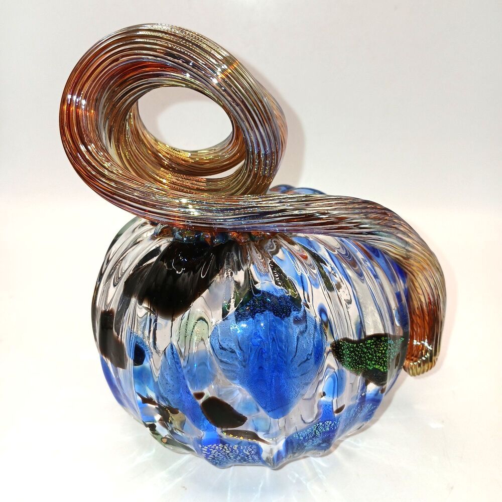 Studio Art Glass Signed Hand Blown  Pumpkin Sculpture Blue Black & Gold 5 in